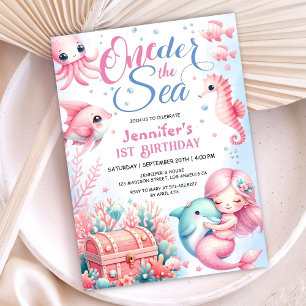 ONEder The Sea! Pink Little Mermaid 1st Birthday Invitation