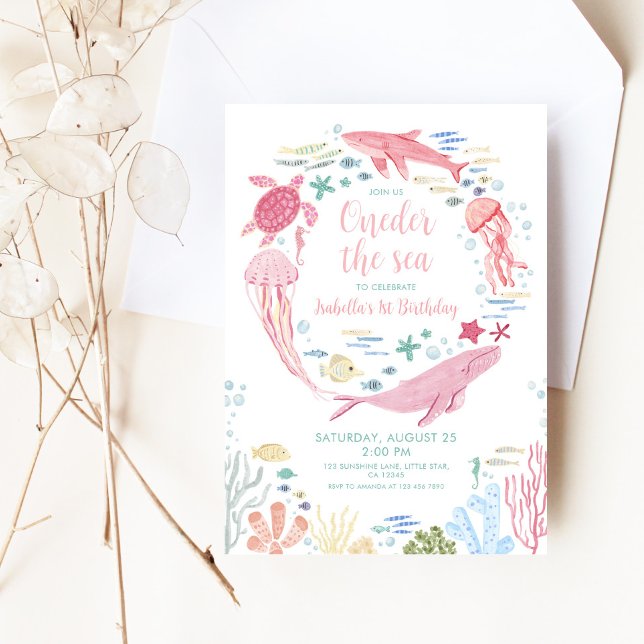 Oneder The Sea Pink Ocean Animals 1st Birthday Invitation (Creator Uploaded)