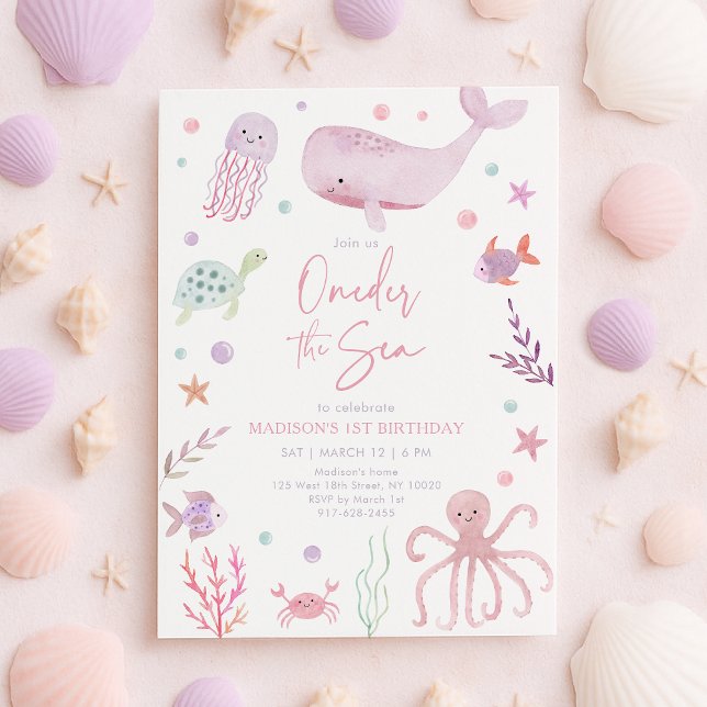Oneder the Sea Pink Pastel 1st Birthday Invitation (Creator Uploaded)