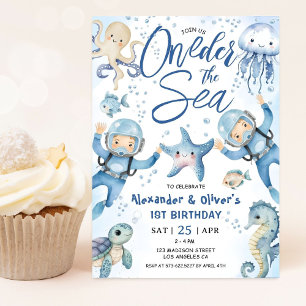 ONEder The Sea Twin Boy 1st Birthday Cute Ocean  Invitation