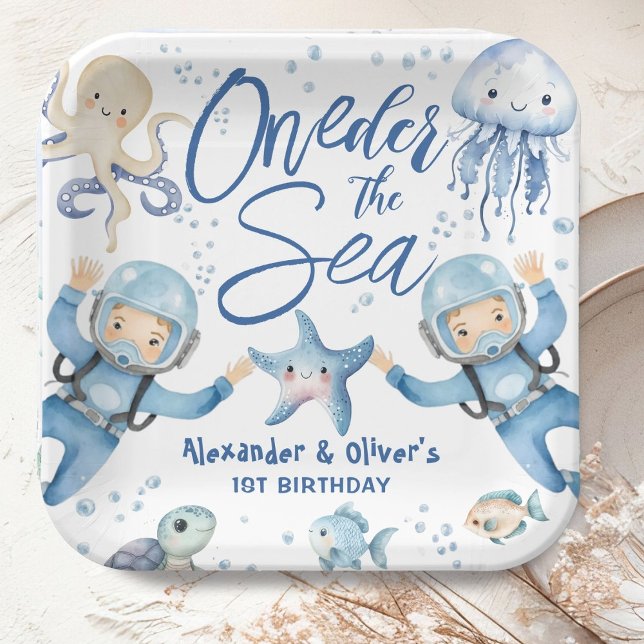 ONEder The Sea Twin Boys 1st Birthday Ocean Paper Plate (Creator Uploaded)