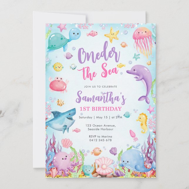 Oneder The Sea Watercolor 1st Birthday Invitation (Front)