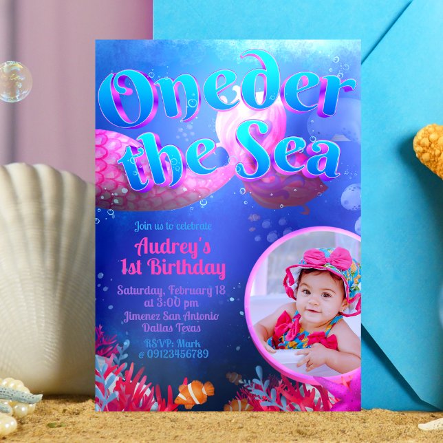 Oneder the Sea with Photo Invitation (Oneder the Sea - Girl Mermaid 1st Birthday Invitation with Picture)