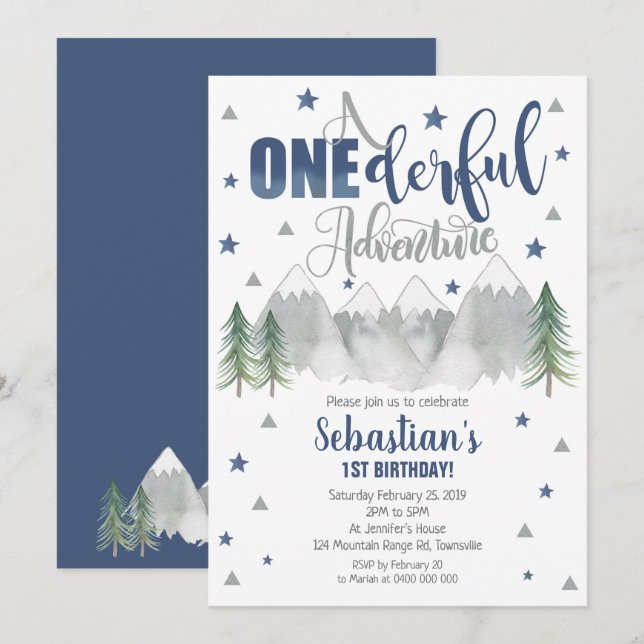 Onederful Adventure Birthday Invitation Navy 1st (Front/Back)