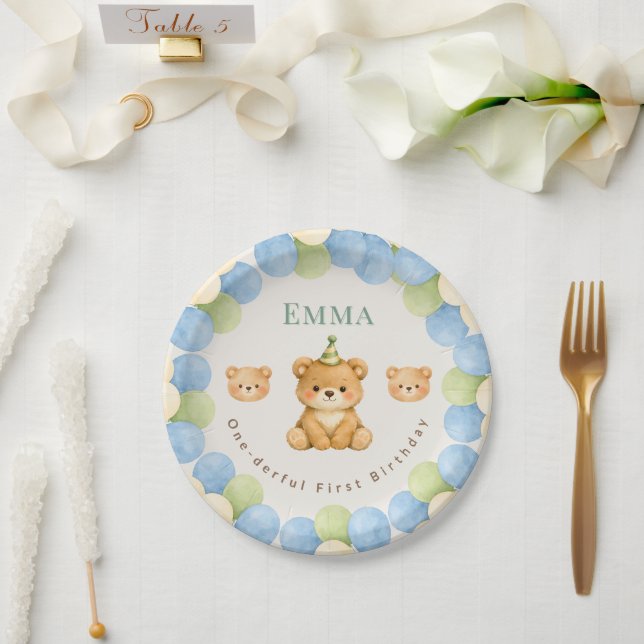 Onederful Bear First Birthday Paper Plates (Wedding)