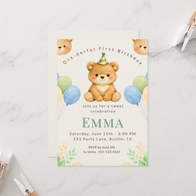 Onederful Bear First Birthday Party Invitation (Front/Back In Situ)