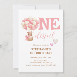 Onederful Bear Pink Hot Air Balloon 1st Birthday Invitation