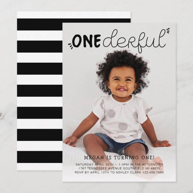Onederful Black Minimal Photo Birthday Invitation (Front/Back)