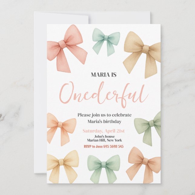 ONEderful Coquette Bow Pastel Girl Birthday Party Invitation (Front)