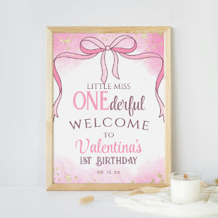 Onederful Coquette Pink Bow Glitter 1st Birthday Poster