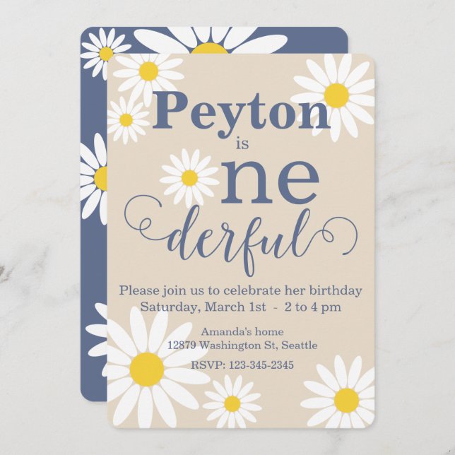 Onederful Daisy First Birthday Invitation (Front/Back)