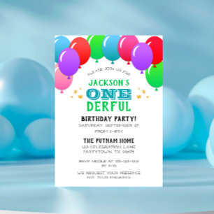 ONEderful First Birthday Balloon Banner Green Invitation