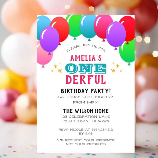ONEderful First Birthday Balloon Banner Pink Invitation (Creator Uploaded)