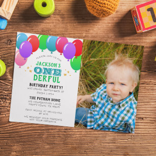ONEderful First Birthday Balloon Green Photo Invitation