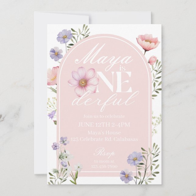 ONEderful, First Birthday, Girl birthday invite (Front)