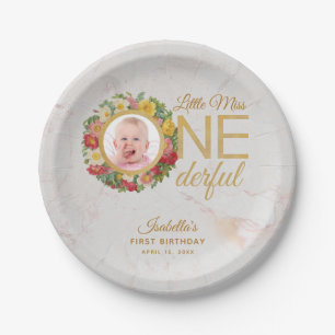 Onederful First Birthday Photo Rose Wreath Marble Paper Plate