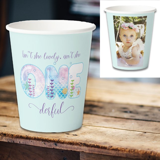 ONEderful Girls 1st Birthday Pretty Blue Paper Cups (Little miss ONEderful 1st birthday party paper cups. Blue with photo.)