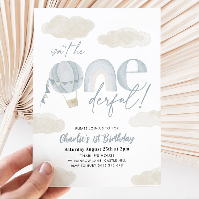 Onederful Hot Air Balloon Blue Boy 1st Birthday Invitation (Creator Uploaded)