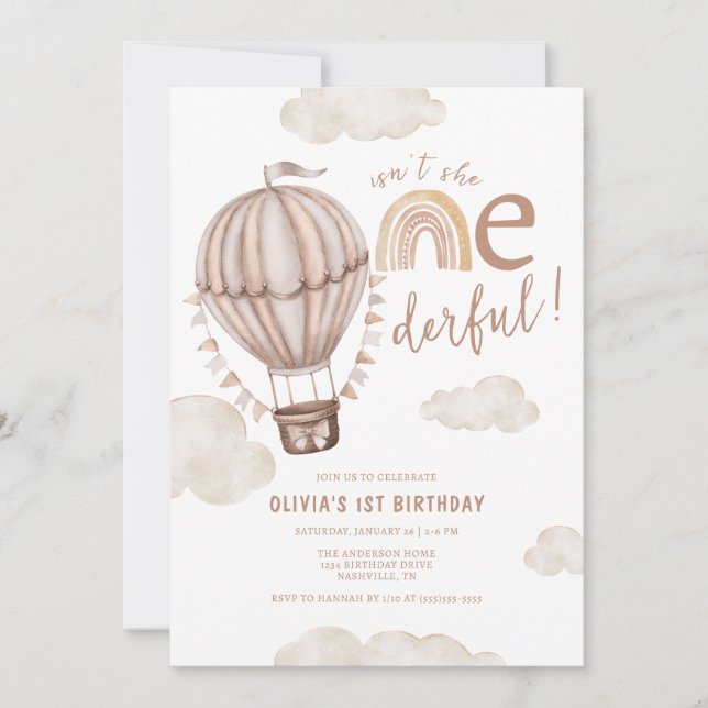 ONEderful Hot Air Balloon Boho First 1st Birthday Invitation (Front)