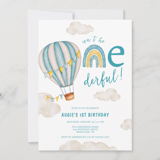 ONEderful Hot Air Balloon Boho First 1st Birthday Invitation (Front)