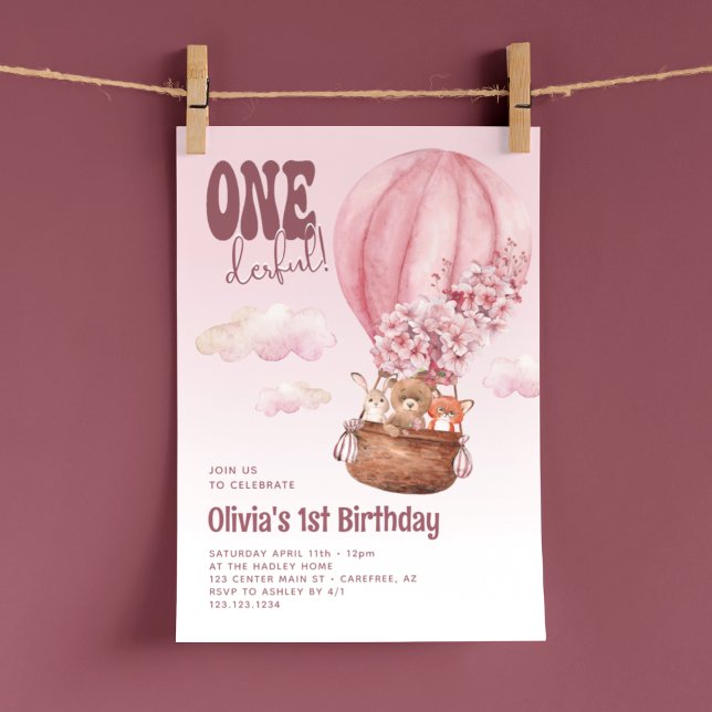Onederful Hot Air Balloon Pink 1st Birthday Invitation (Creator Uploaded)