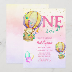 Onederful Hot Air Balloon Pink 1st Birthday Invitation