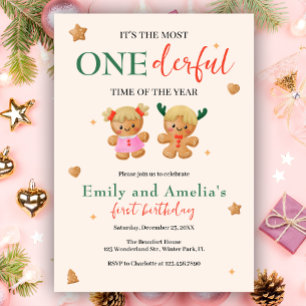Onederful Joint Christmas Twins 1st Birthday Invitation