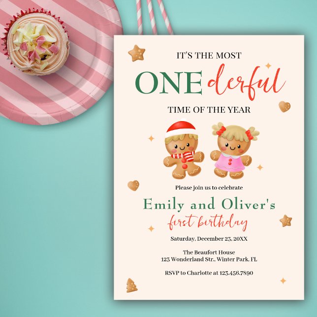 Onederful Joint Christmas Twins 1st Birthday Invitation (Creator Uploaded)