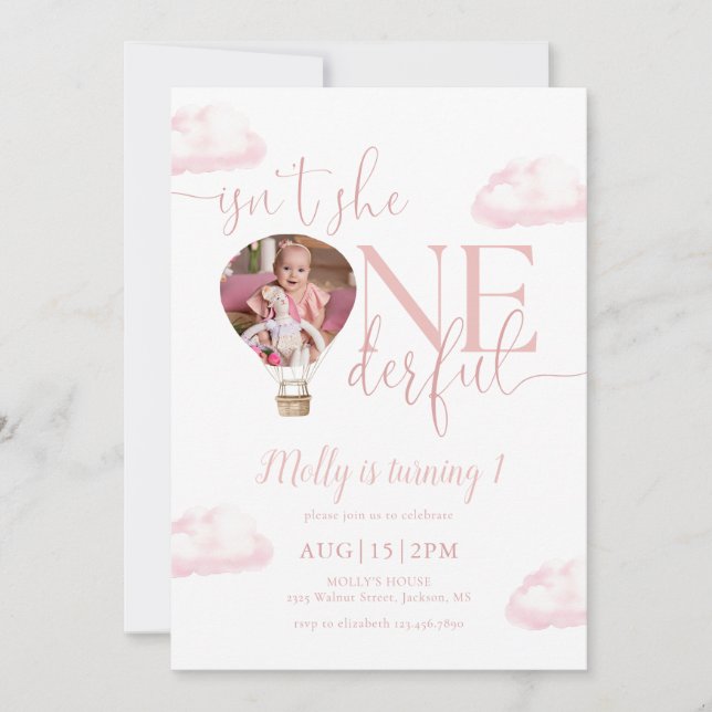 Onederful Photo Hot Air Balloon Girl 1st Birthday Invitation (Front)