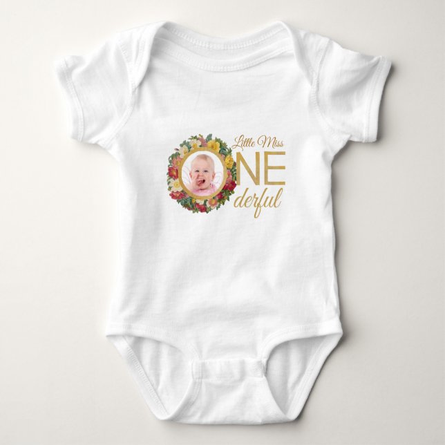 Onederful Photo in Rose Wreath Gold First Birthday Baby Bodysuit (Front)