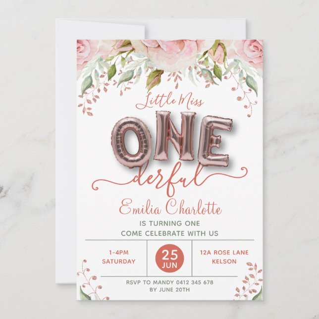 Onederful Pink Balloon First Birthday Invitation (Front)