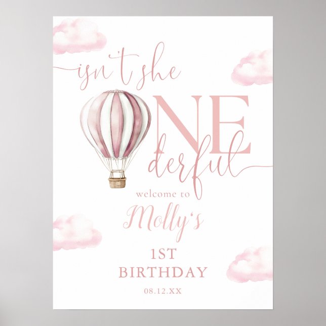 Onederful Pink Balloon Girl 1st Birthday Welcome Poster (Front)