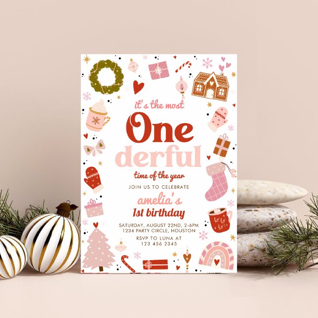 ONEderful Pink Christmas  1st Birthday Party Invitation (Creator Uploaded)