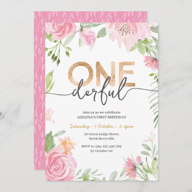 ONEderful Pink Flowers 1st Birthday Invitation (Front/Back)