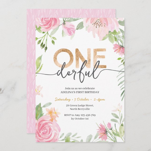ONEderful Pink Flowers 1st Birthday Invitation (Front/Back)