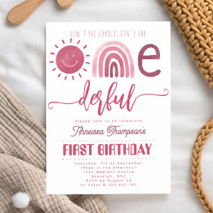 Onederful Pink Rainbow Sunshine First Birthday Invitation