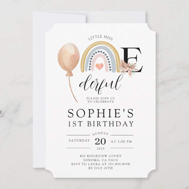 ONEderful Rainbow Girl's Birthday Invitation (Front)