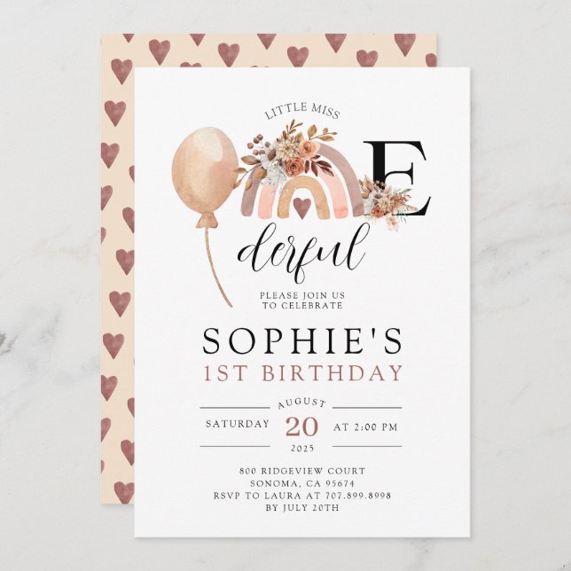 ONEderful Rainbow Girl's Birthday Invitation (Front/Back)