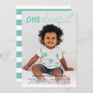 Onederful Teal Blue Minimal Photo Birthday Invitation