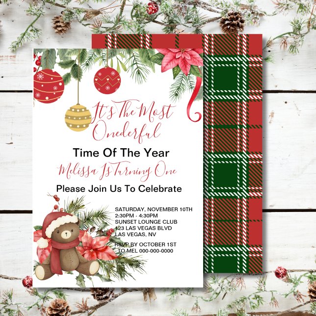 Onederful Time Christmas teddy bear scarf ornament Invitation (Creator Uploaded)