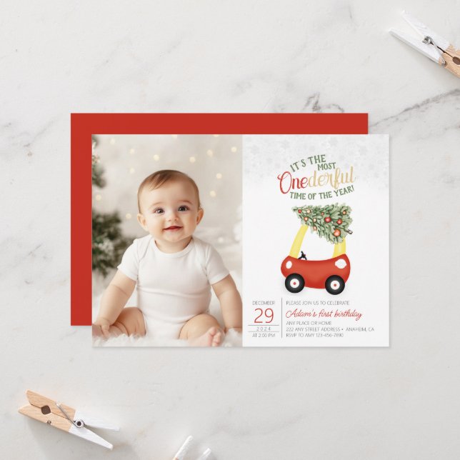 ONEderful Time Of The Year photo car 1st Birthday  Invitation (Front/Back In Situ)