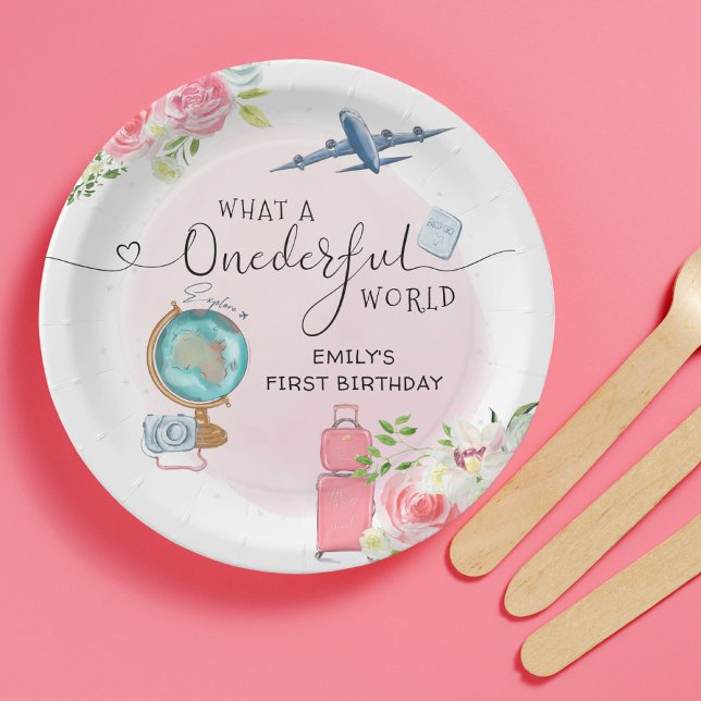 ONEderful World Girls 1st First Birthday Party Paper Plate (Creator Uploaded)