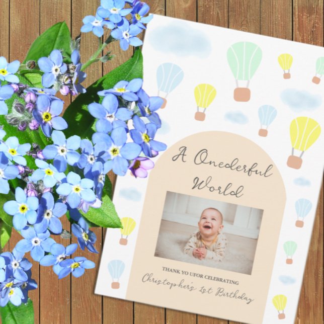 Onederful World Hot Air Balloon 1st Birthday Thank You Card (Creator Uploaded)