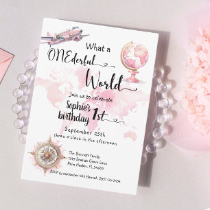 ONEderful world pink travel girl 1st birthday Invitation
