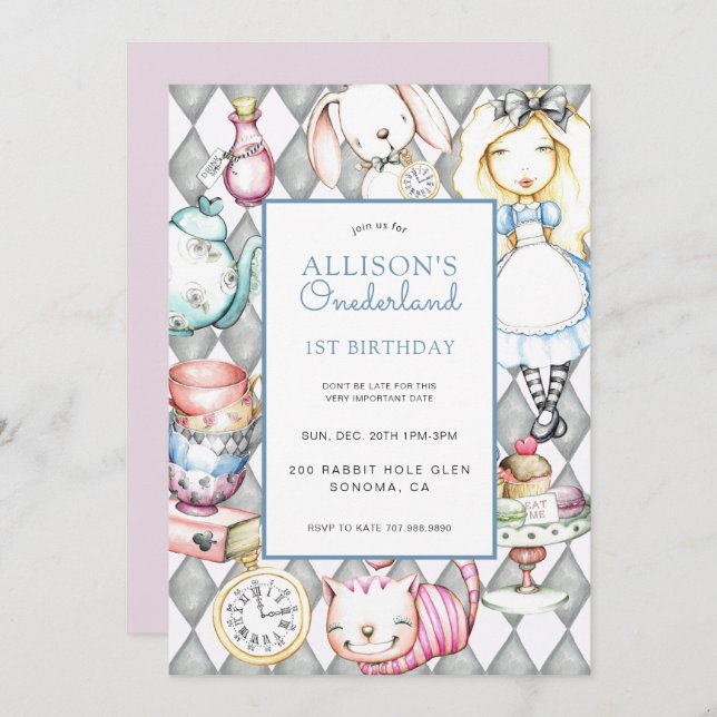 ONEderland Girl's 1st Birthday Invitation (Front/Back)