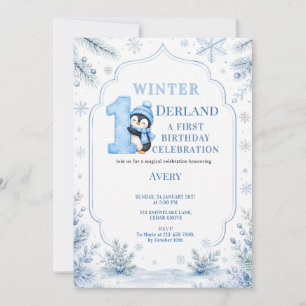 ONEderland Penguin Snow Blue Winter 1st Birthday Invitation