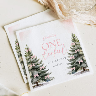 Onederland Winter Pink Bow 1st Birthday Napkin