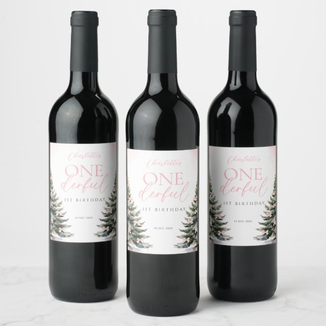 Onederland Winter Pink Bow 1st Birthday Wine Label (Bottles)
