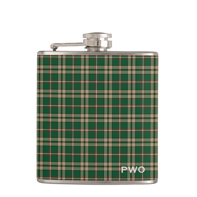 O'Neill Tartan Monogram Green and Tan Plaid Hip Flask (Front)
