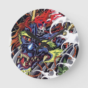 Oni Devil and Maple Leaves Round Clock
